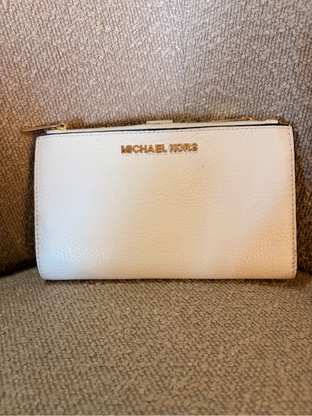 Michael Kors Cream Leather Compact Zip Wallet with Gold Logo